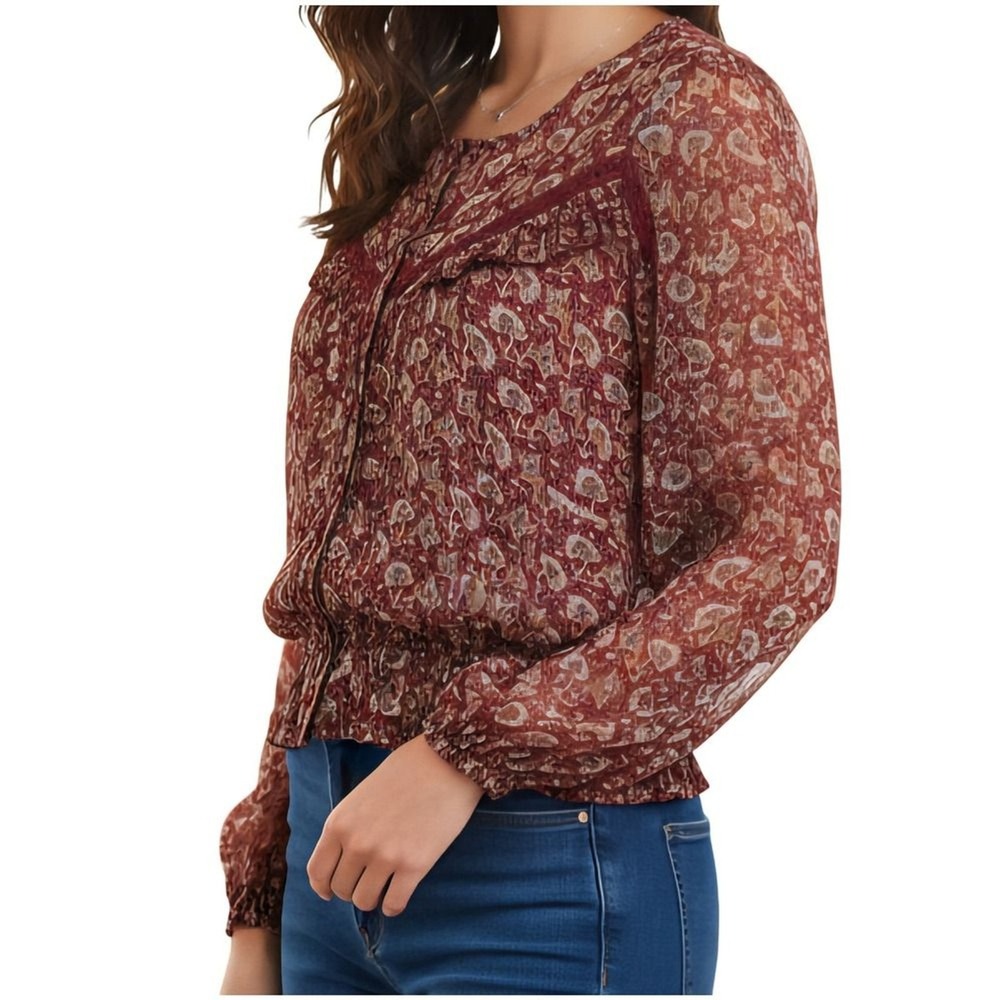 American Eagle Womens Boho Blouse Polyester Floral Lace Trim Metallic‎ Medium